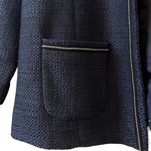 New Christopher & Banks Tweed Chain Trim Blazer Jacket Navy Blue Silver Size XL - Picture 4 of 6